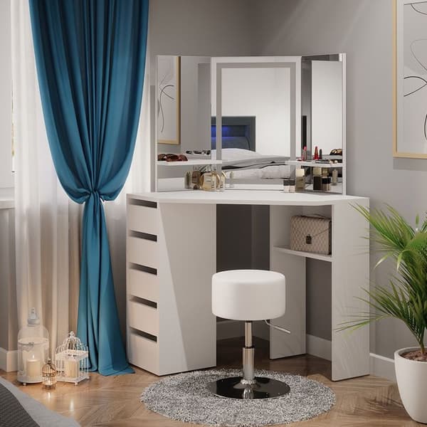 Vicco Arielle sminkbord, Vit, 111 cm med LED-spegel och pall
