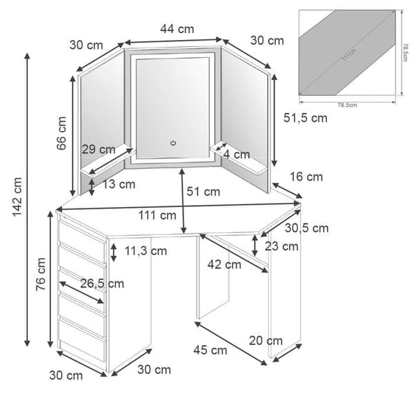 Vicco Arielle sminkbord, Vit, 110 cm med LED-spegel