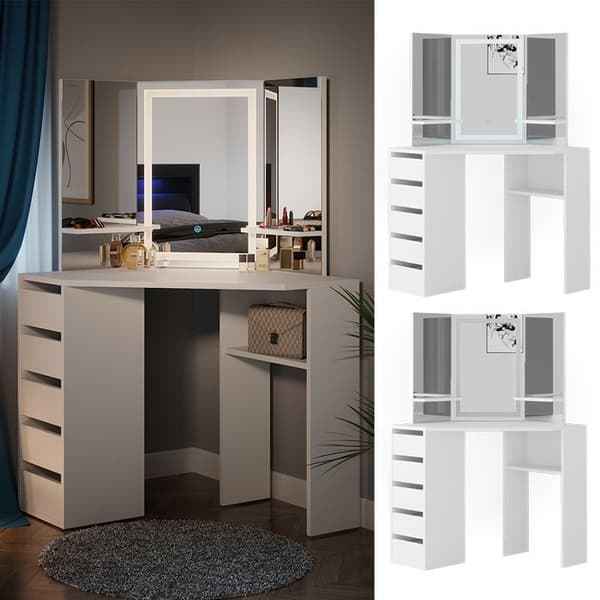 Vicco Arielle sminkbord, Vit, 110 cm med LED-spegel