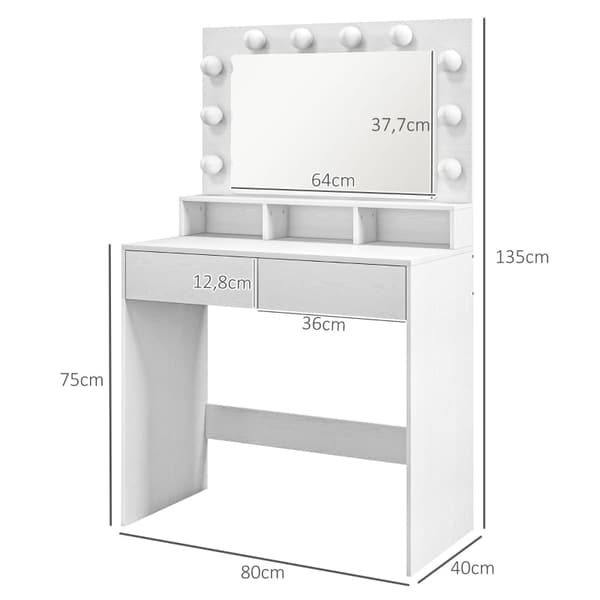 Rootz Toiletbord - Vanity Desk - Makeup Bord - Rigelig opbevaring og belysning - 80W x 40D x 135H cm