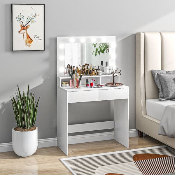 Rootz Toiletbord - Vanity Desk - Makeup Bord - Rigelig opbevaring og belysning - 80W x 40D x 135H cm