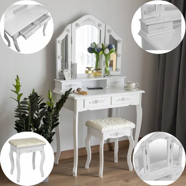 Vit LED-toalettbordssats med pall - 75x45x140cm, 4 lådor, enkel montering