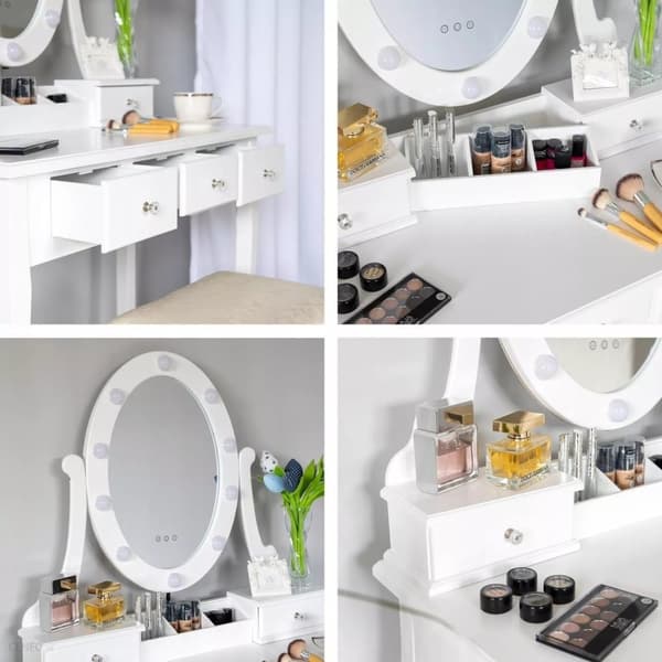 Komplett LED-toalettset med pall - Vit furu & MDF-sminkbord