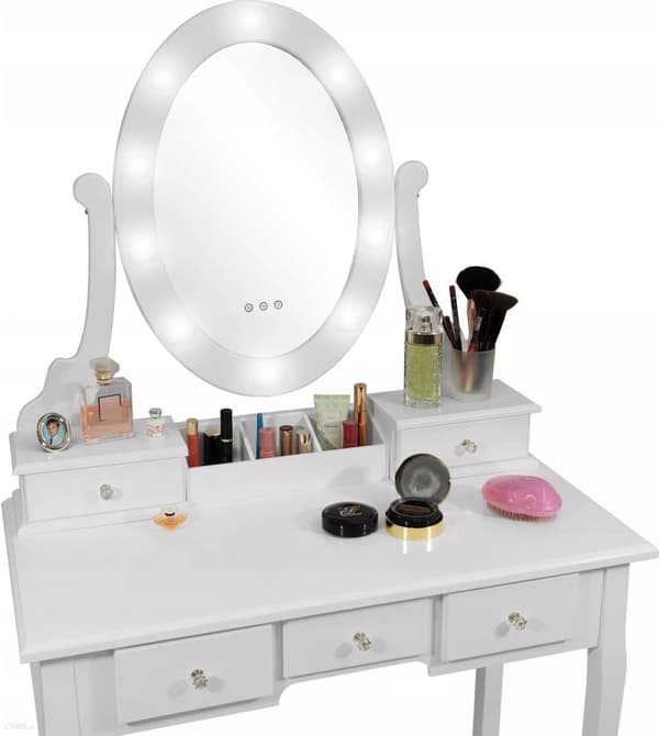 Komplett LED-toalettset med pall - Vit furu & MDF-sminkbord