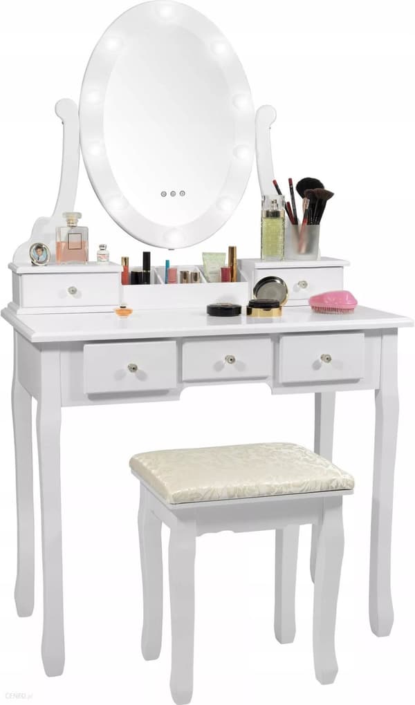 Modern Vit LED-toalettbord med pall, 5 lådor & inbyggd spegel, 75x40x137cm