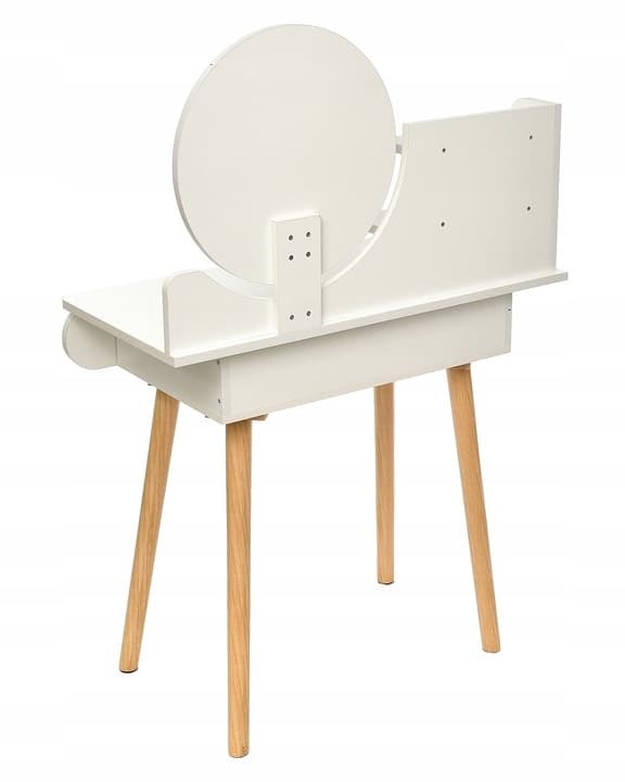 Moderne hvid toiletbord med rundt spejl og opbevaringsskuffer til elegante interiører