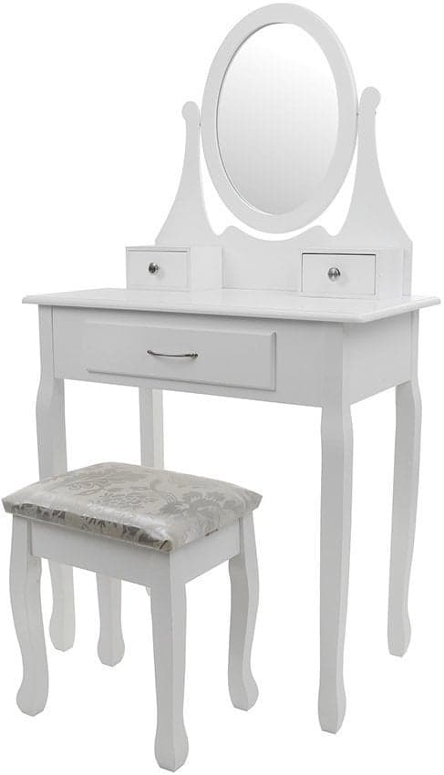 Kompakt toiletbord med taburet til små rum, hvid finish, 3 skuffer, hældbar spejl
