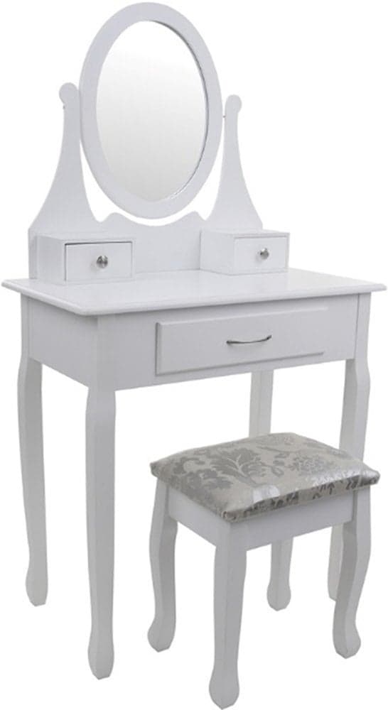 Hållbar toalettbord i vit furu & MDF med spegel, pall & 3 lådor