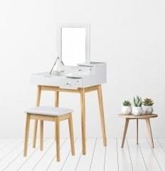 Trendy hvid toiletbord med spejl, taburet & 3 skuffer til unge voksne
