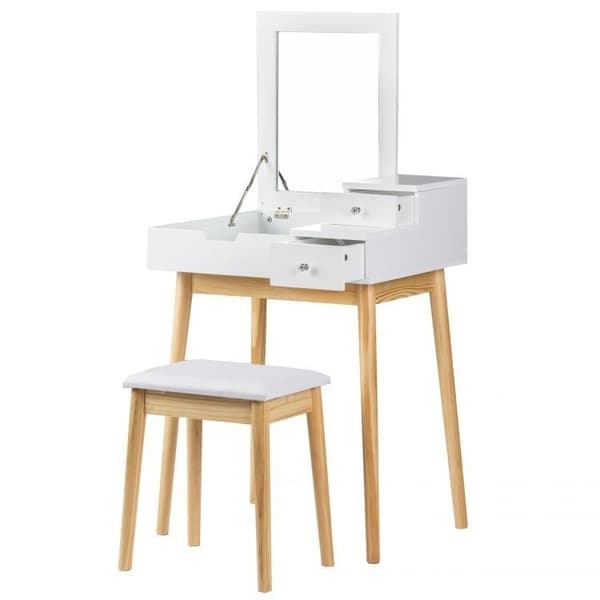 Stilfull modern toalettbord med spegel och pall - Vit finish, 3 förvaringslådor