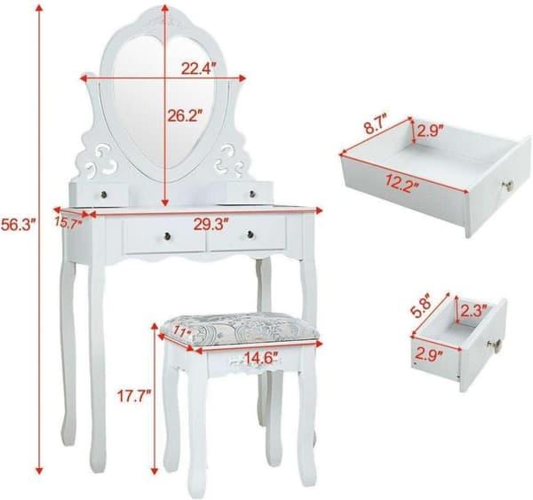 Hvid hjerteformet spejlbord med taburet, 4 skuffer, MDF & fyr