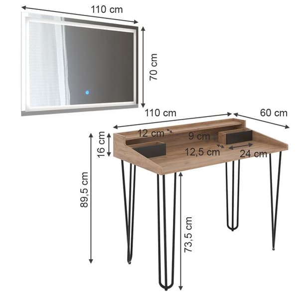 Sannar sminkbord, med LED-spegel, Ek, Svart, Vicco