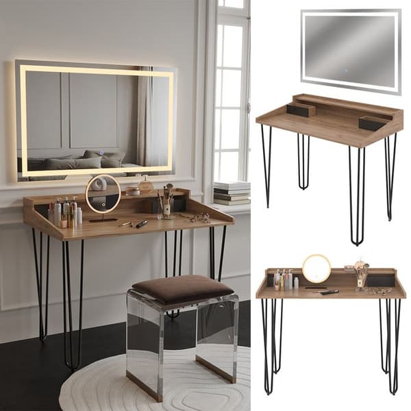 Sannar sminkbord, med LED-spegel, Ek, Svart, Vicco