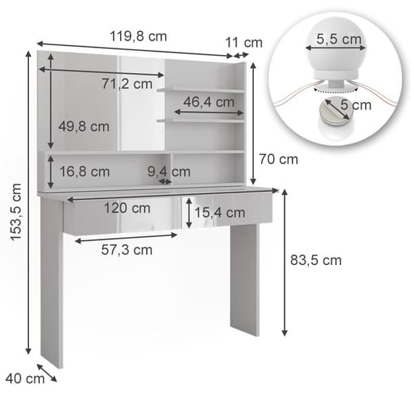 Azur sminkbord, 120cm med LED-belysning, Vit, Högblank vit, Vicco
