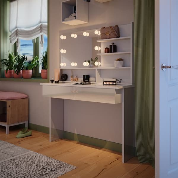 Azur sminkbord, 120cm med LED-belysning, Vit, Högblank vit, Vicco