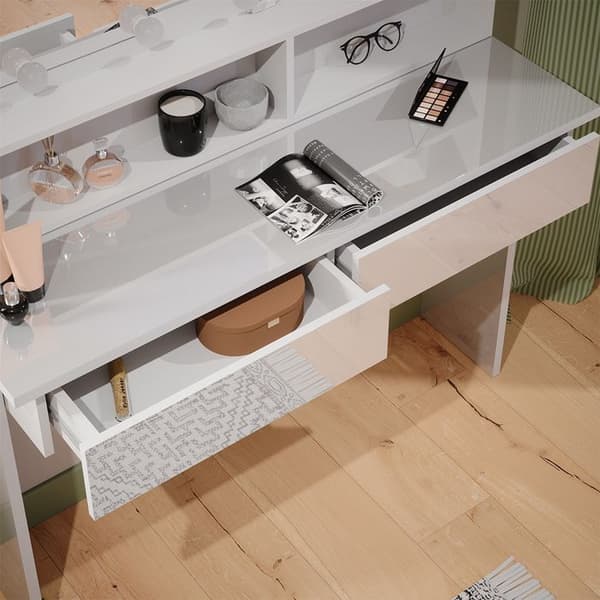 Azur sminkbord, 120cm med LED-belysning, Vit, Högblank vit, Vicco