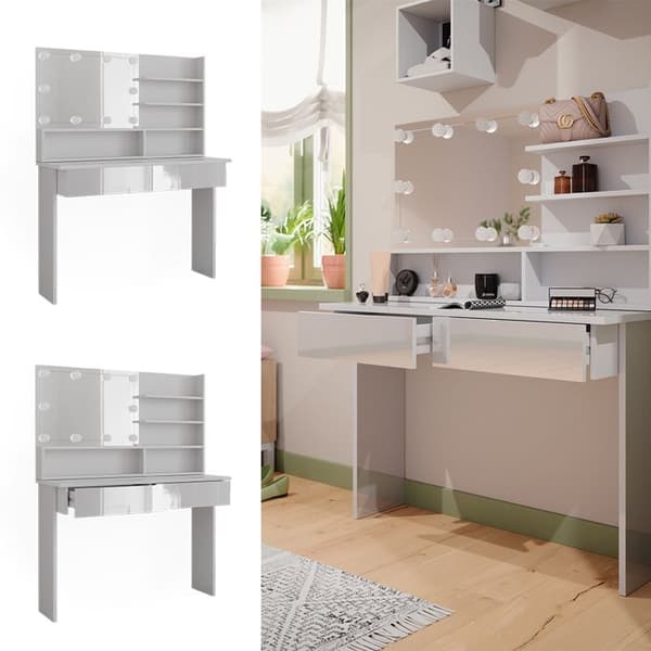 Azur sminkbord, 120cm med LED-belysning, Vit, Högblank vit, Vicco
