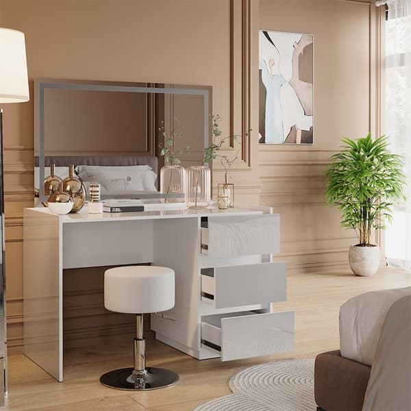 Marla sminkbord, 120cm med LED-spegel och pall, Högblank vit, Vicco