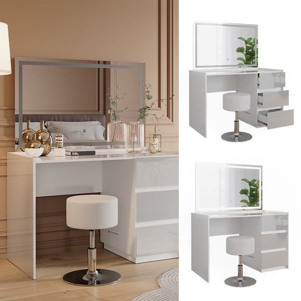 Marla sminkbord, 120cm med LED-spegel och pall, Högblank vit, Vicco