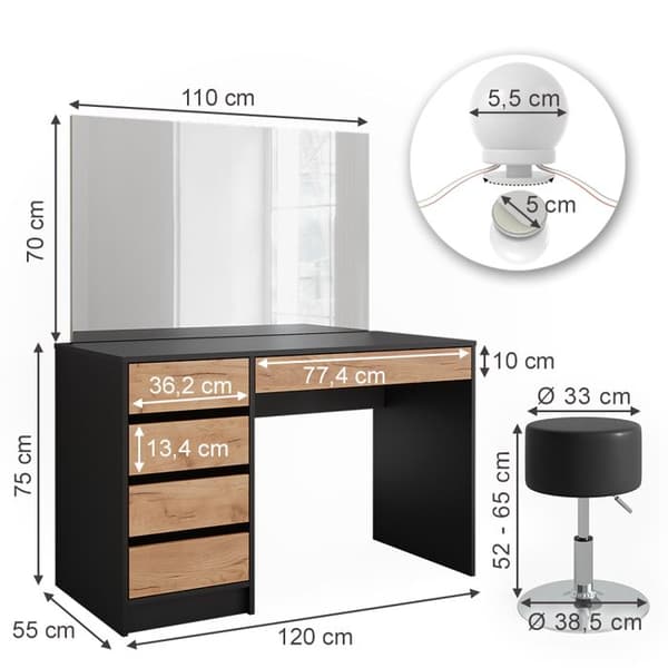 Sherry sminkbord, 120x75cm med LED-belysning och pall, antracit/guld ek, Vicco