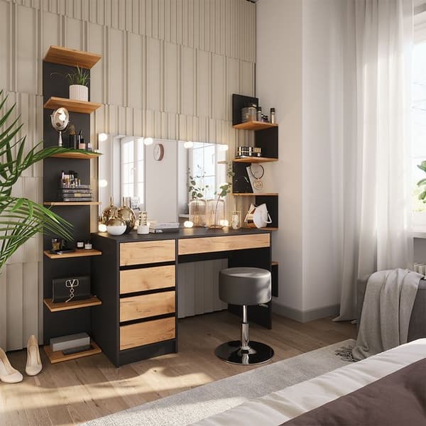 Sherry sminkbord, 120x75cm med LED-belysning och pall, antracit/guld ek, Vicco