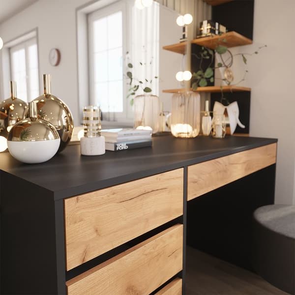 Sherry sminkbord, 120x75cm med LED-belysning och pall, antracit/guld ek, Vicco