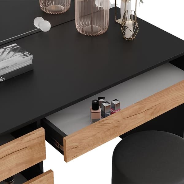 Sherry sminkbord, 120x75cm med LED-belysning och pall, antracit/guld ek, Vicco