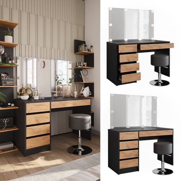 Sherry sminkbord, 120x75cm med LED-belysning och pall, antracit/guld ek, Vicco