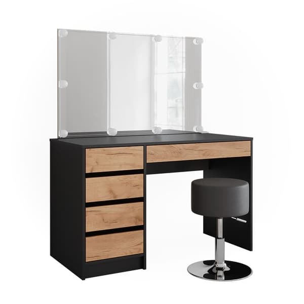 Sherry sminkbord, 120x75cm med LED-belysning och pall, antracit/guld ek, Vicco
