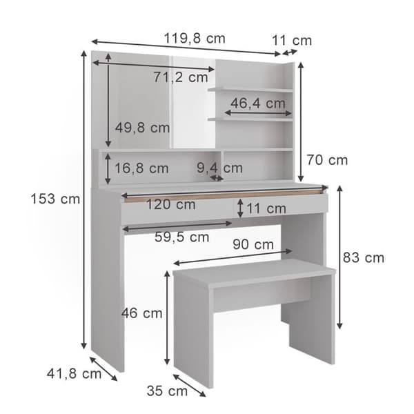 Emma sminkbord, 120cm med bänk, Vit, Vicco