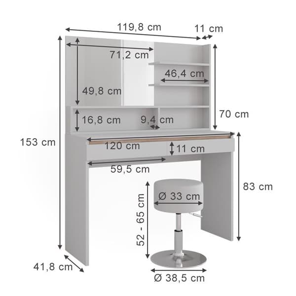Emma sminkbord, 120cm med spegelhylla & pall, Vit, Vicco