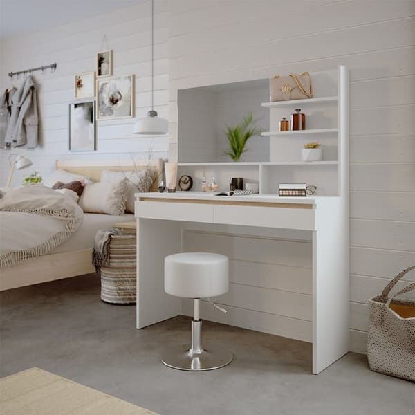 Emma sminkbord, 120cm med spegelhylla & pall, Vit, Vicco