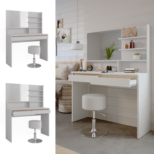 Emma sminkbord, 120cm med spegelhylla & pall, Vit, Vicco