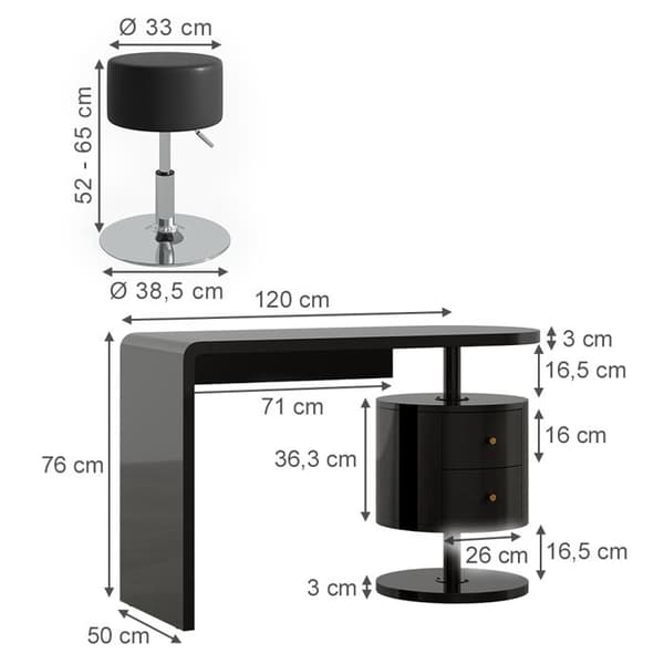 Lara sminkbord, 120cm med pall, Högblank svart, Vicco