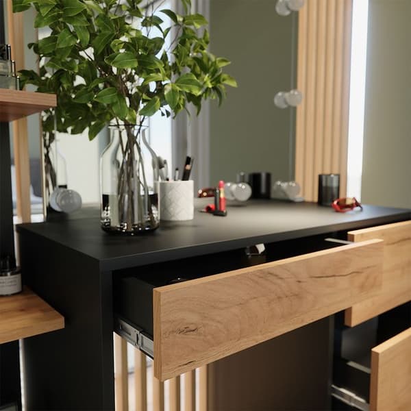 Sherry sminkbord, 90x75cm med spegel & LED-belysning, antracit/guld ek, Vicco