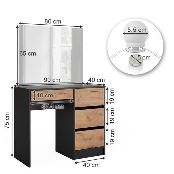 Sherry sminkbord, 90x75cm med spegel & LED-belysning, antracit/guld ek, Vicco