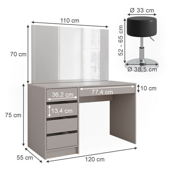 Sherry toalettbord, 120cm med LED-spegel och pall, Cashmere, Vicco