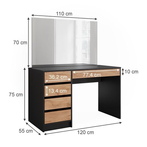 Sherry sminkbord, 120x75cm med spegel, antracit/guld ek, Vicco
