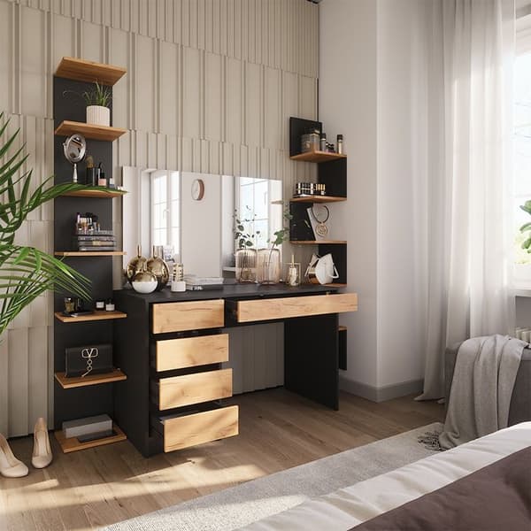 Sherry sminkbord, 120x75cm med spegel, antracit/guld ek, Vicco