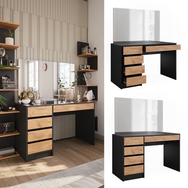 Sherry sminkbord, 120x75cm med spegel, antracit/guld ek, Vicco