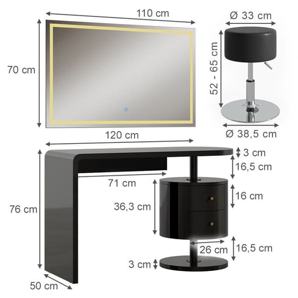 Lara sminkbord, 120cm med LED-spegel och pall, Högblank svart, Vicco