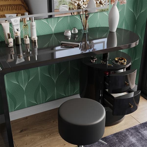 Lara sminkbord, 120cm med LED-spegel och pall, Högblank svart, Vicco
