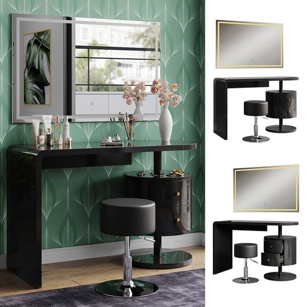Lara sminkbord, 120cm med LED-spegel och pall, Högblank svart, Vicco