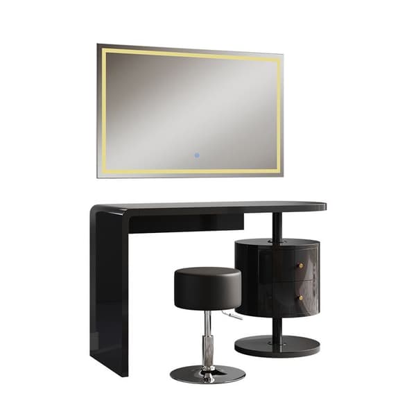 Lara sminkbord, 120cm med LED-spegel och pall, Högblank svart, Vicco