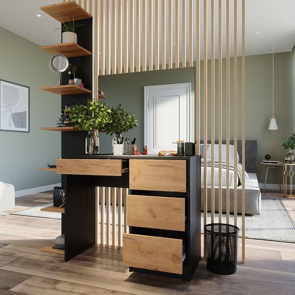 Sherry sminkbord, 90cm med spegel, antracit/guld ek, Vicco