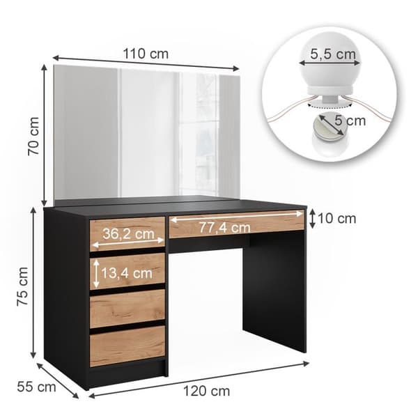 Sherry sminkbord, 120x75cm med spegel &amp; LED-belysning, antracit/guld ek, Vicco