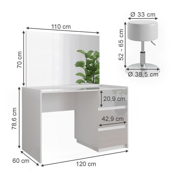 Marla sminkbord, 120cm med spegel och pall, Högblank vit, Vicco