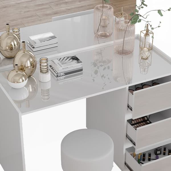 Marla sminkbord, 120cm med spegel och pall, Högblank vit, Vicco