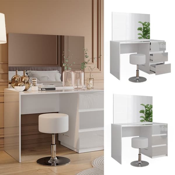 Marla sminkbord, 120cm med spegel och pall, Högblank vit, Vicco