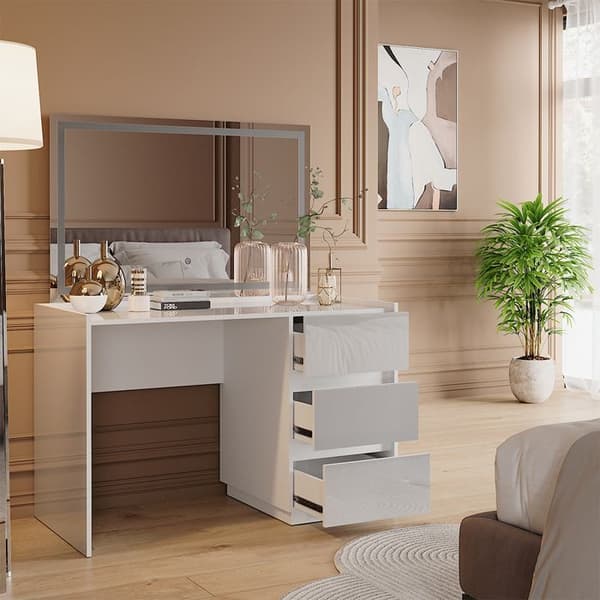 Marla sminkbord, 120cm med LED-spegel, Högblank vit, Vicco